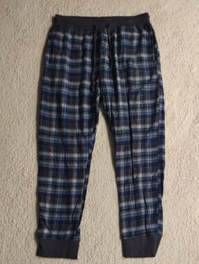 Hanes Size Large Pajama Pants Blue Gray Plaid Jogger Drawstring Waist